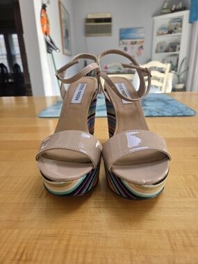 Steve Madden Nude Patent Platform Sandals with Multicolor Stripe Heel